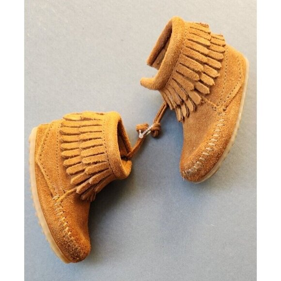 MINNETONKA Toddler Size 3 Kids Double Fringe Zip Suede Ankle Boot Brown 1292 - Picture 1 of 16